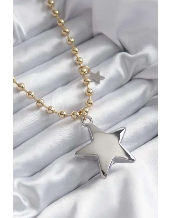 Pirinç Altın  Topçuk Zincir Gümüş 3D Yıldız Model Yıldız Detay VİP  Çelik Kolye