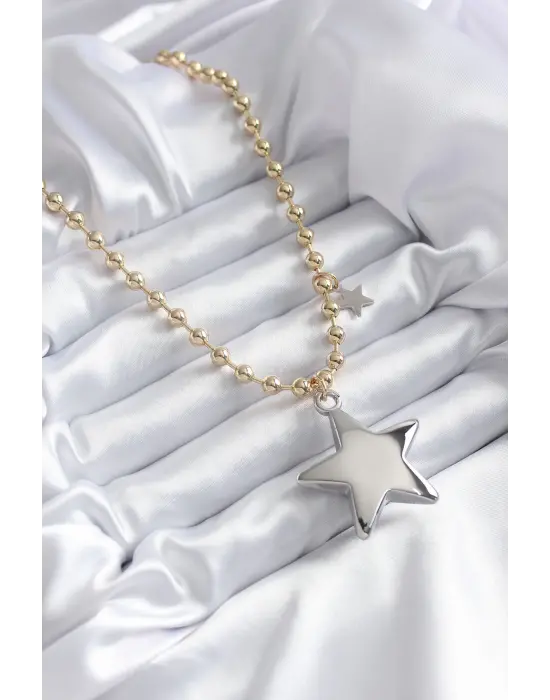 Pirinç Altın  Topçuk Zincir Gümüş 3D Yıldız Model Yıldız Detay VİP  Çelik Kolye