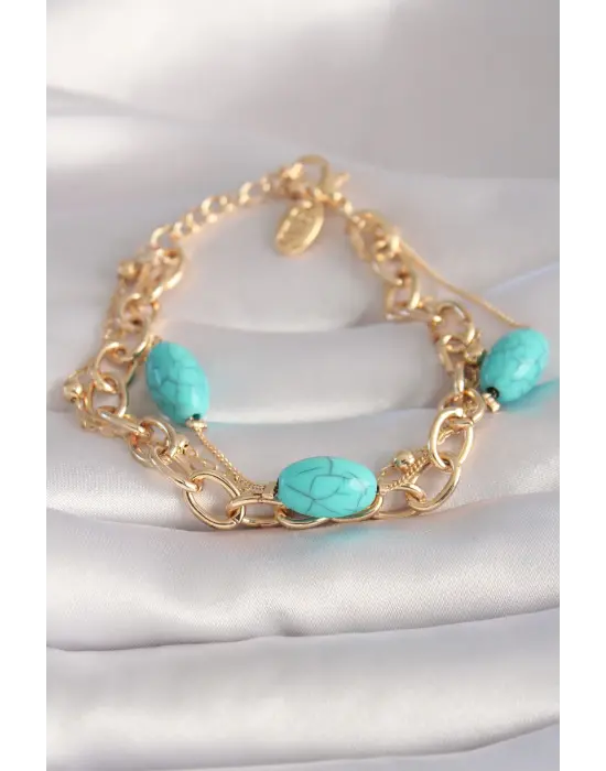 Pirinç Gold Renk Turkuaz Boncuk Çoklu Kadın Bileklik
