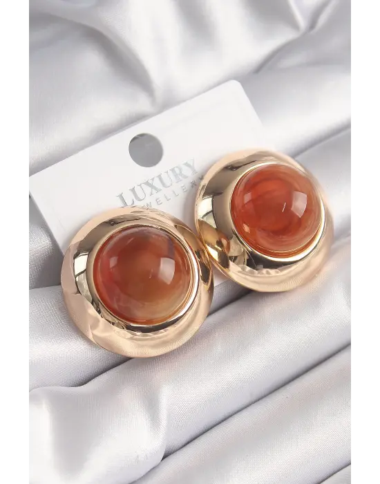  Altın Turuncu Doğal Taşlı Vintage Çelik Küpe