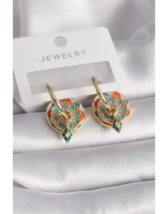  Altın Turuncu Yeşil Renkli Sallantı Detay Motif Model Çelik Küpe