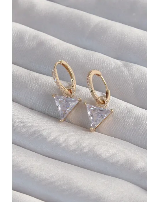  Altın Üçgen Zirkon Taşlı Sallantılı Halka Küpe