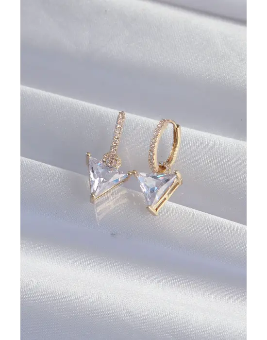  Altın Üçgen Zirkon Taşlı Sallantılı Halka Küpe