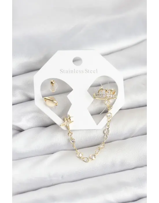 Çelik Gold Renk Uzay Model Zincir Bağlantılı Ear Cuff Küpe Seti