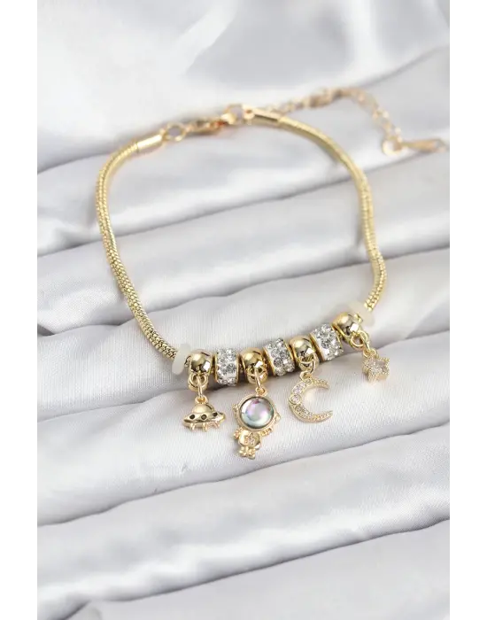 Çelik Gold Renk Uzay Tema Charmlı Kadın Bileklik
