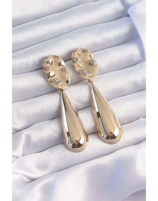  Altın Uzun Bombeli Ezme Plaka Küpe