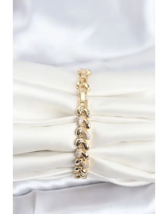 Çelik Gold Renk VIP Seri Sarmal Damla Model Zirkon Taşlı Kadın Bileklik