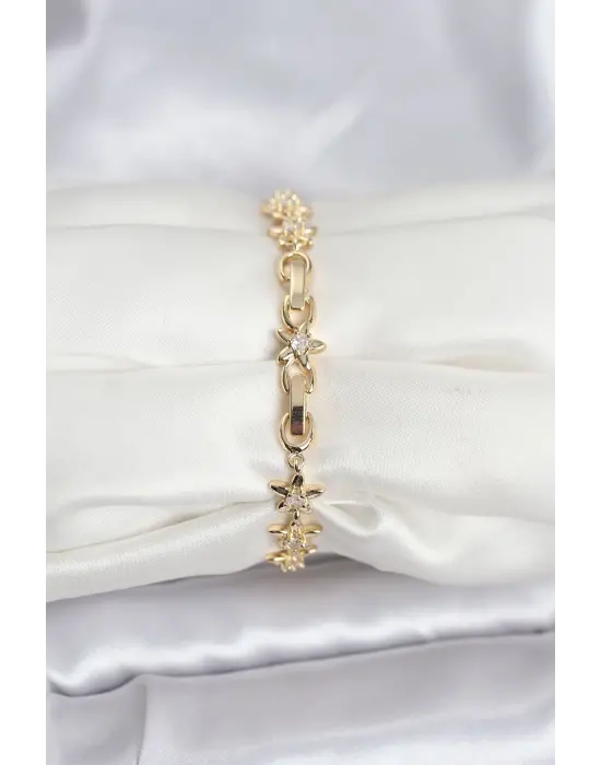 Çelik Gold Renk VIP Seri Sıralı Taşlı Yıldız Model Zirkon Taşlı Kadın Bileklik