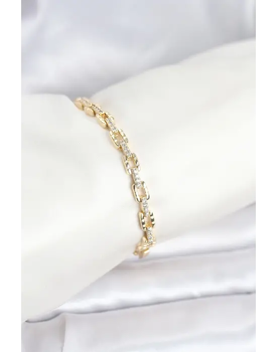 Çelik Gold Renk VIP Seri Zincir Model Zirkon Taşlı Kadın Bileklik