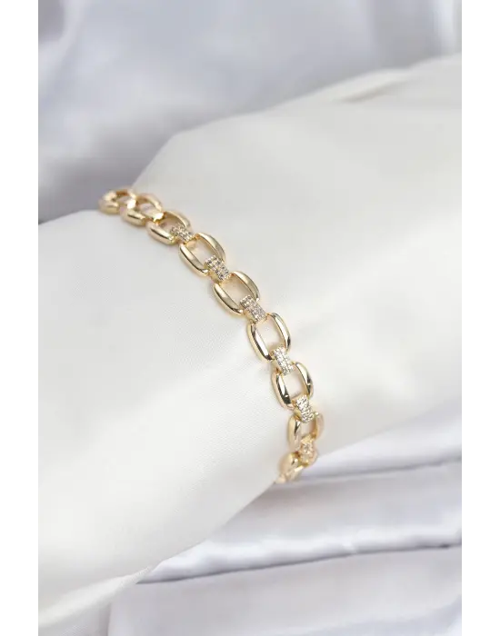 Çelik Gold Renk VIP Seri Zincir Model Zirkon Taşlı Kadın Bileklik