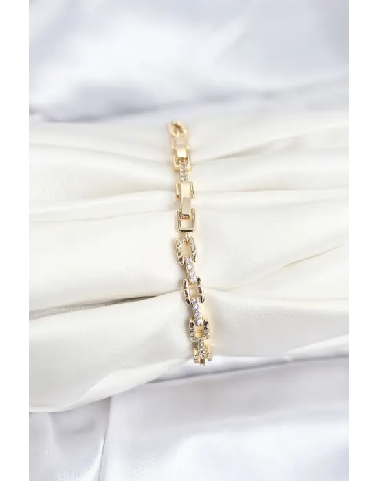 Çelik Gold Renk VIP Seri Zincir Model Zirkon Taşlı Kadın Bileklik