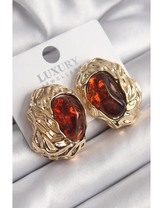  Altın Volkanik Oval İşleme Detay Vintage Çelik Küpe