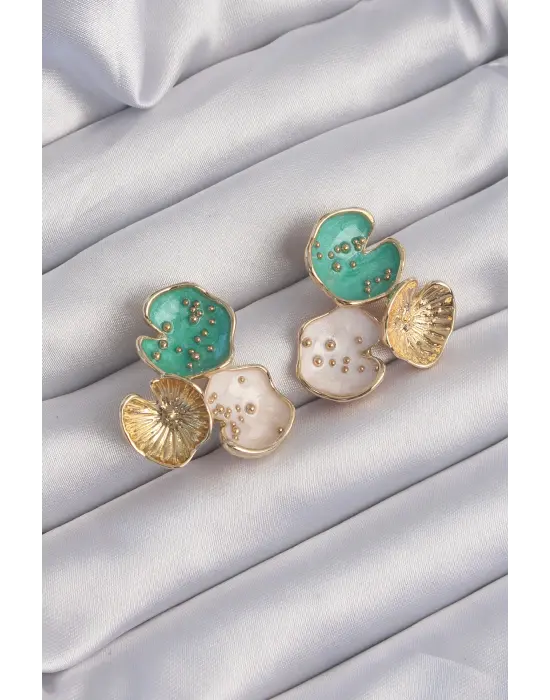  Altın Yeşil Mineli 3lü Orkide Küpe