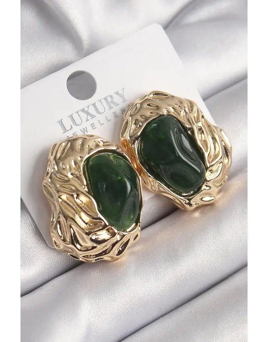  Altın Yeşil Oval İşleme Detay Vintage Çelik Küpe
