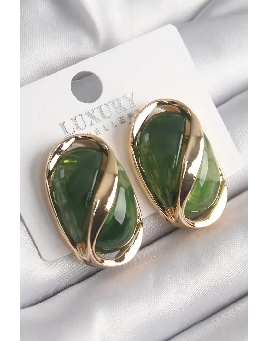  Altın Yeşil Oval Vintage Çelik Küpe
