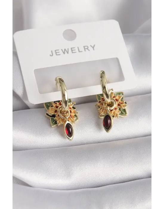  Altın Yeşil Sarı Renkli Kırmızı Zirkon Taşlı Motif Model Çelik Küpe