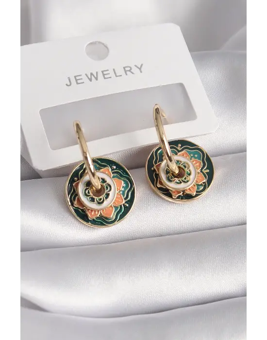  Altın Yeşil Turuncu .Renkli Motif Model Çelik Küpe