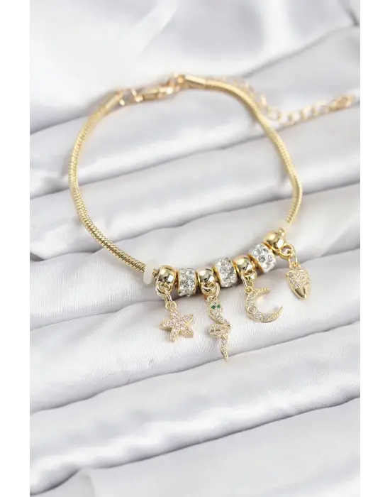 Çelik Gold Renk Yılan Charmlı Kadın Bileklik