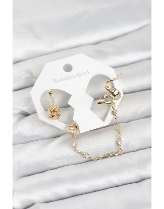 Çelik Gold Renk Yılan Model Zincir Bağlantılı Ear Cuff Küpe Seti