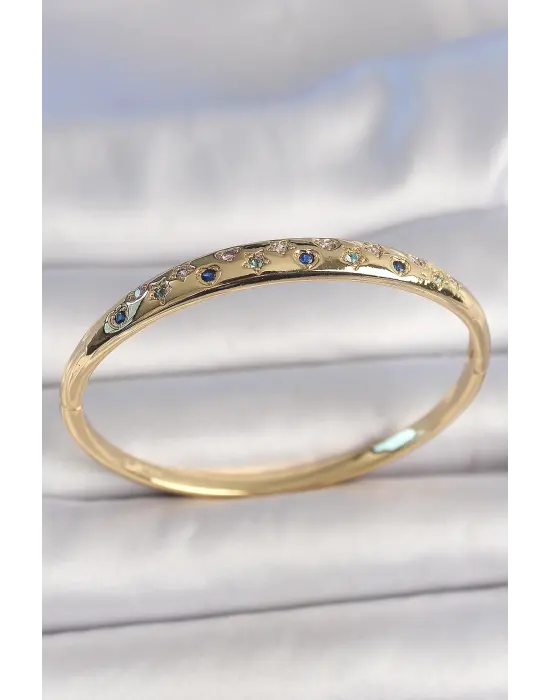 Pirinç Gold Renk Yıldız İşlemeli Zirkon Taşlı Kadın Kelepçe