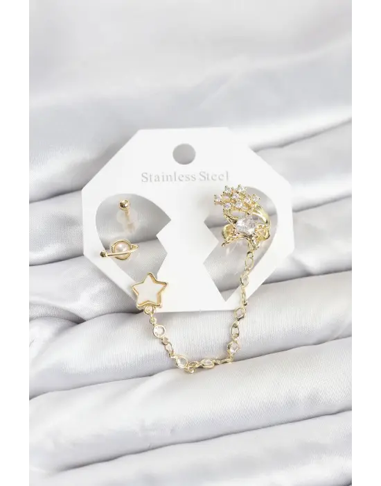 Çelik Gold Renk Yıldız Model Zincir Bağlantılı Ear Cuff Küpe Seti