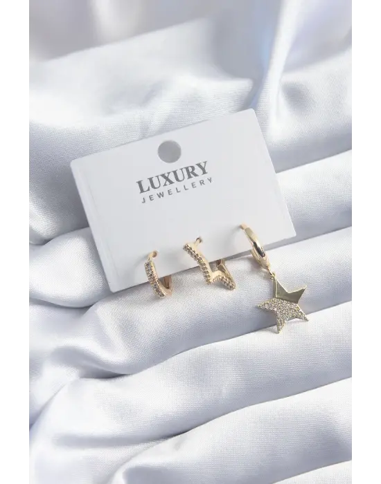 Çelik Gold Renk Yıldız Model Zirkon Taşlı 3lü Kadın Küpe Seti