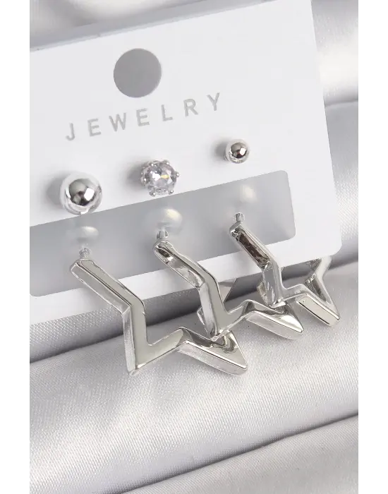 Gümüş Yıldız Model Zirkon Taşlı Topçuk Detay Çelik Küpe Seti