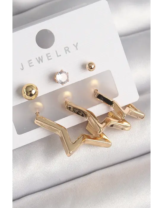  Altın Yıldız Model Zirkon Taşlı Topçuk Detay Çelik Küpe Seti