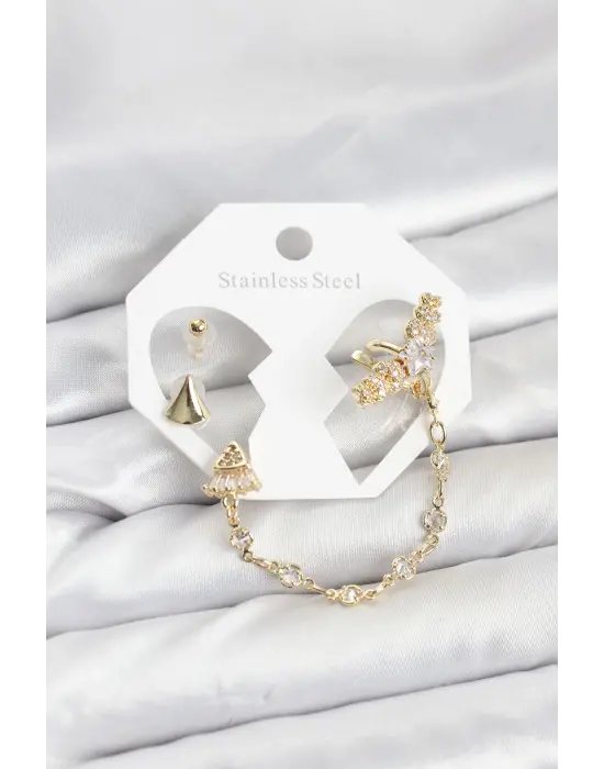 Çelik Gold Renk Yıldızlı Model Zincir Bağlantılı Ear Cuff Küpe Seti