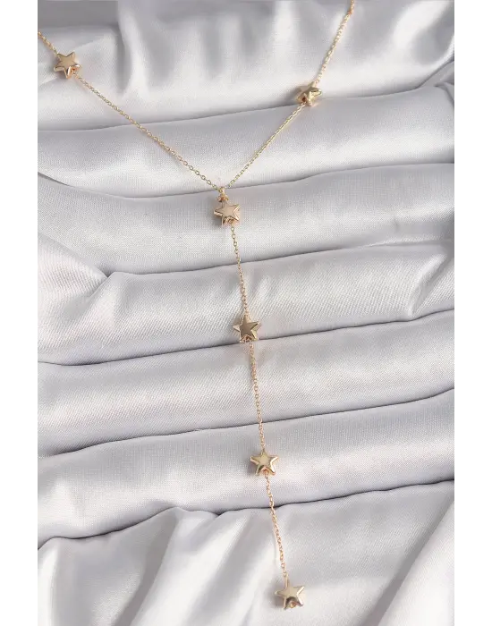 Pirinç Altın  Yıldızlı Zincir Sallantı Model  Çelik Kolye