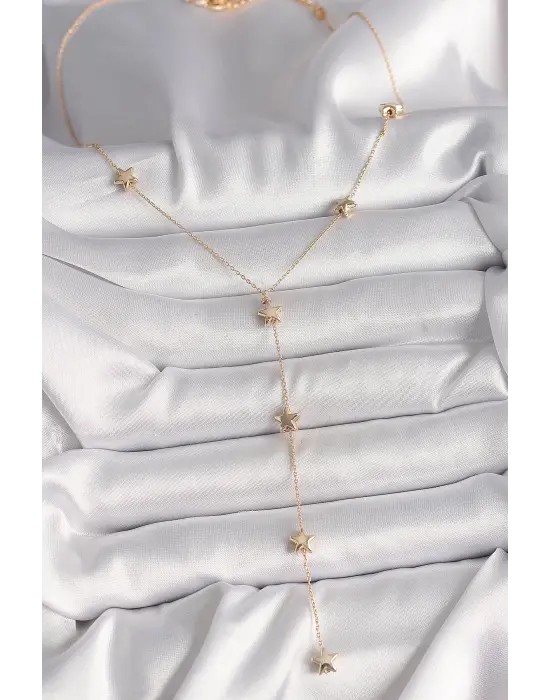 Pirinç Altın  Yıldızlı Zincir Sallantı Model  Çelik Kolye