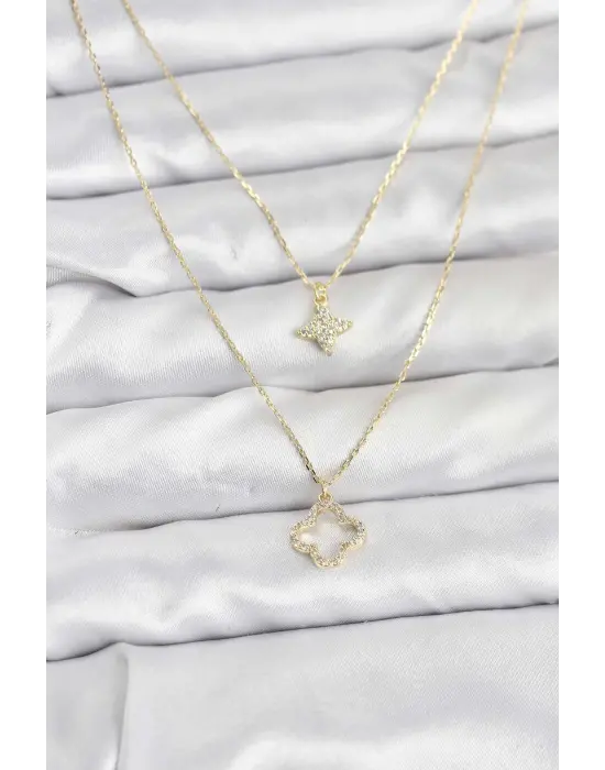 Çelik Gold Renk Yonca Model 2li Kadın Kolye