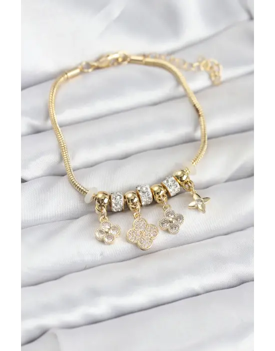 Çelik Gold Renk Yonca Model Kadın Bileklik