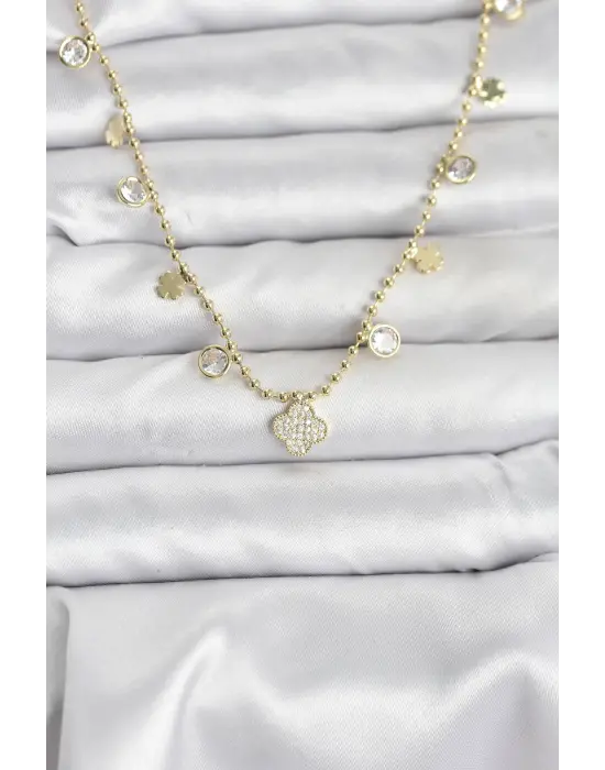 Pirinç Gold Renk Yonca Model Kadın Kolye