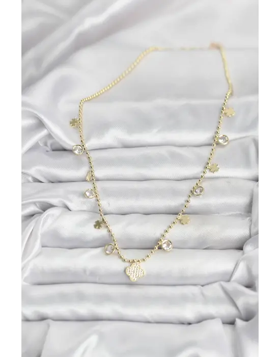 Pirinç Gold Renk Yonca Model Kadın Kolye