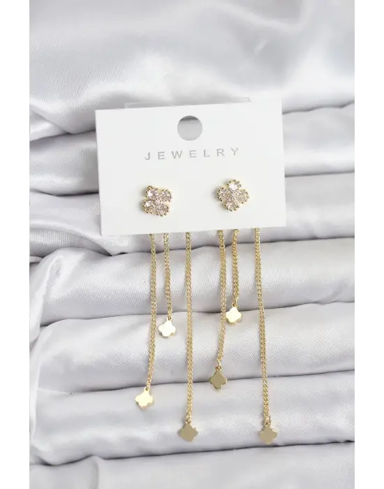 Pirinç Gold Renk Yonca Model Sallantılı Kadın Küpe