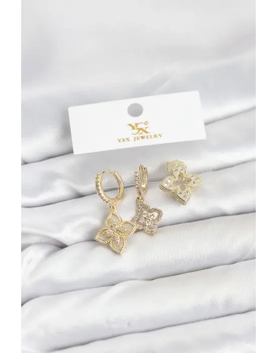 Çelik Gold Renk Yonca Model YSX Trio Küpe Seti