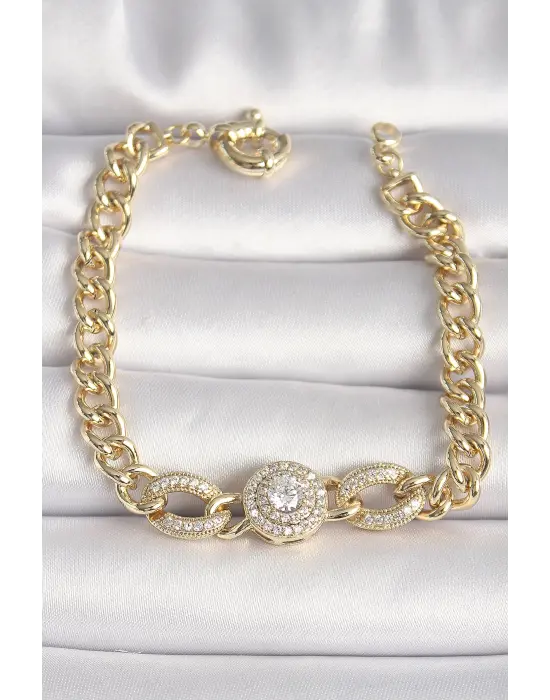 Pirinç Gold Renk Zincir Daire Zirkon Taşlı Xuping VIP Seri Kadın Bileklik