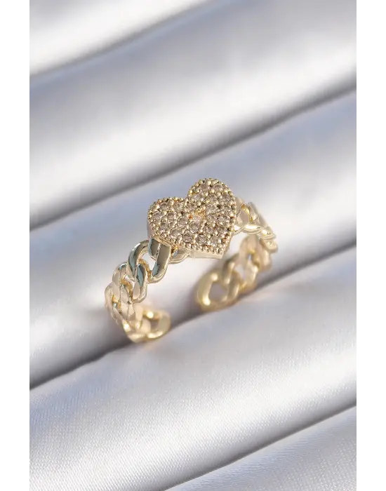  Altın Zincir Kordon Zirkon Taşlı Kalp Model Çelik Yüzük