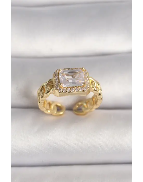  Altın Zincir Model Kare Zirkon Taşlı Çelik Yüzük