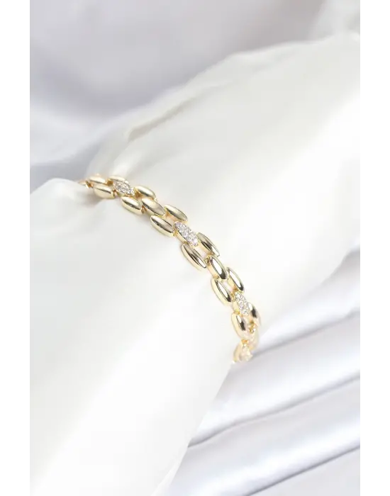 Pirinç Gold Renk Zincir Model Zirkon Taşlı Kadın Bileklik