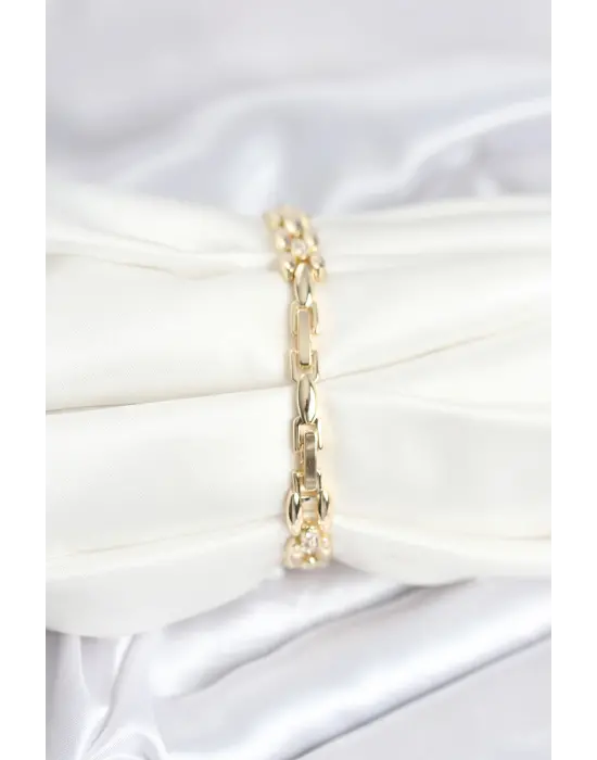 Pirinç Gold Renk Zincir Model Zirkon Taşlı Kadın Bileklik