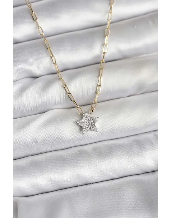 Pirinç Gold Renk Zincirli Zirkon Taşlı Minimal Yıldız Model Kadın Kolye