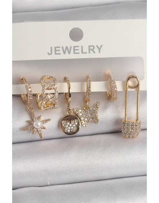  Altın Zirkon Sallantı Zirkon Taşlı İnci Detay Kelebek Figür Çelik Küpe Seti