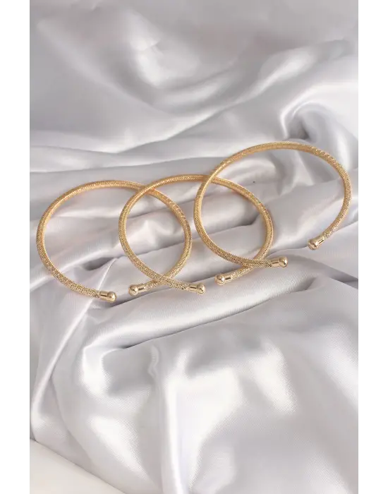 Pirinç Gold Renk Zirkon Taş Detay 3lü Hasır Model Kadın Bileklik