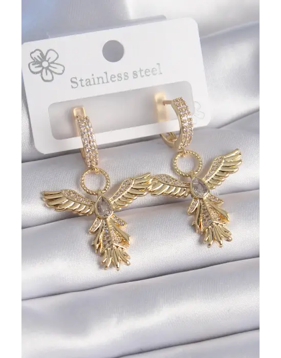  Altın Zirkon Taş Detay Anka Kuşu Model Çelik Küpe