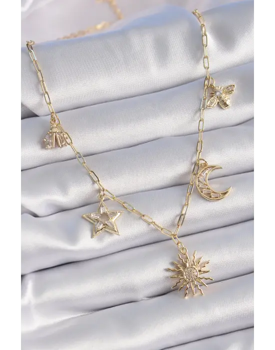 Pirinç Altın  Zirkon Taş Detay Çoklu Figür  Şans Çelik Kolyesi