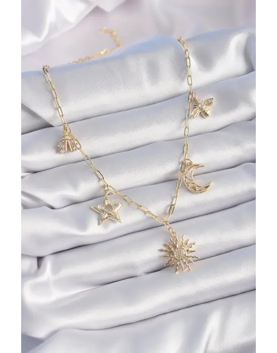 Pirinç Altın  Zirkon Taş Detay Çoklu Figür  Şans Çelik Kolyesi