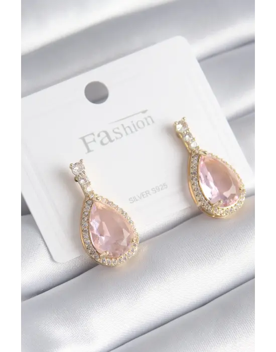  Altın Zirkon Taş Detay Damla Pembe Zirkon Taş Model Çelik Küpe