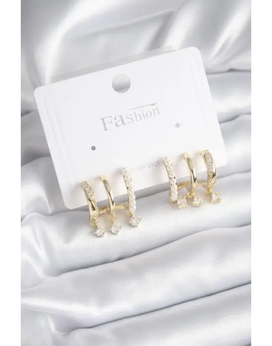  Altın Zirkon Taş Detay İncili Çelik Küpe